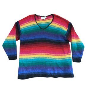 Vintage Katy D Rainbow Striped V-Neck Sweater Plus Size 22/24 50% Mohair Womens